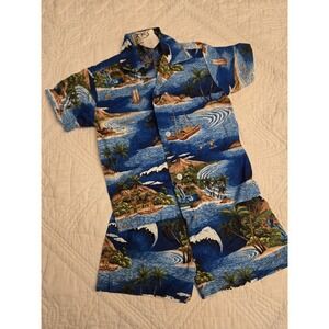 Vintage Ky's Hawaiian Shirt & Shorts Size 4 Boys Youth Volcanoes Waterfalls EUC